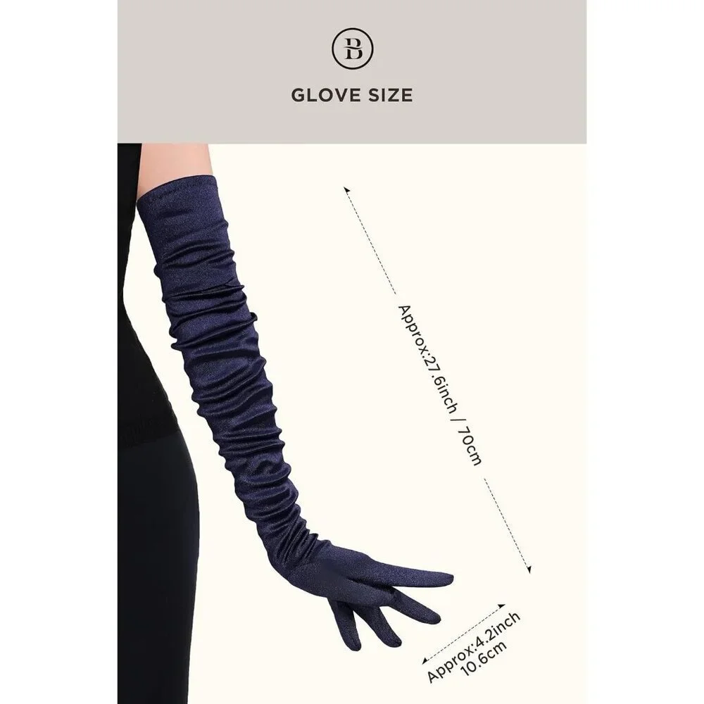 Women's Long Satin Gloves Navy Blue Stretchy Upper Arm Length Costume Design